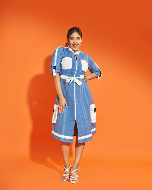 True Blue Hemp Cargo Dress Rolled Sleeves Front 2