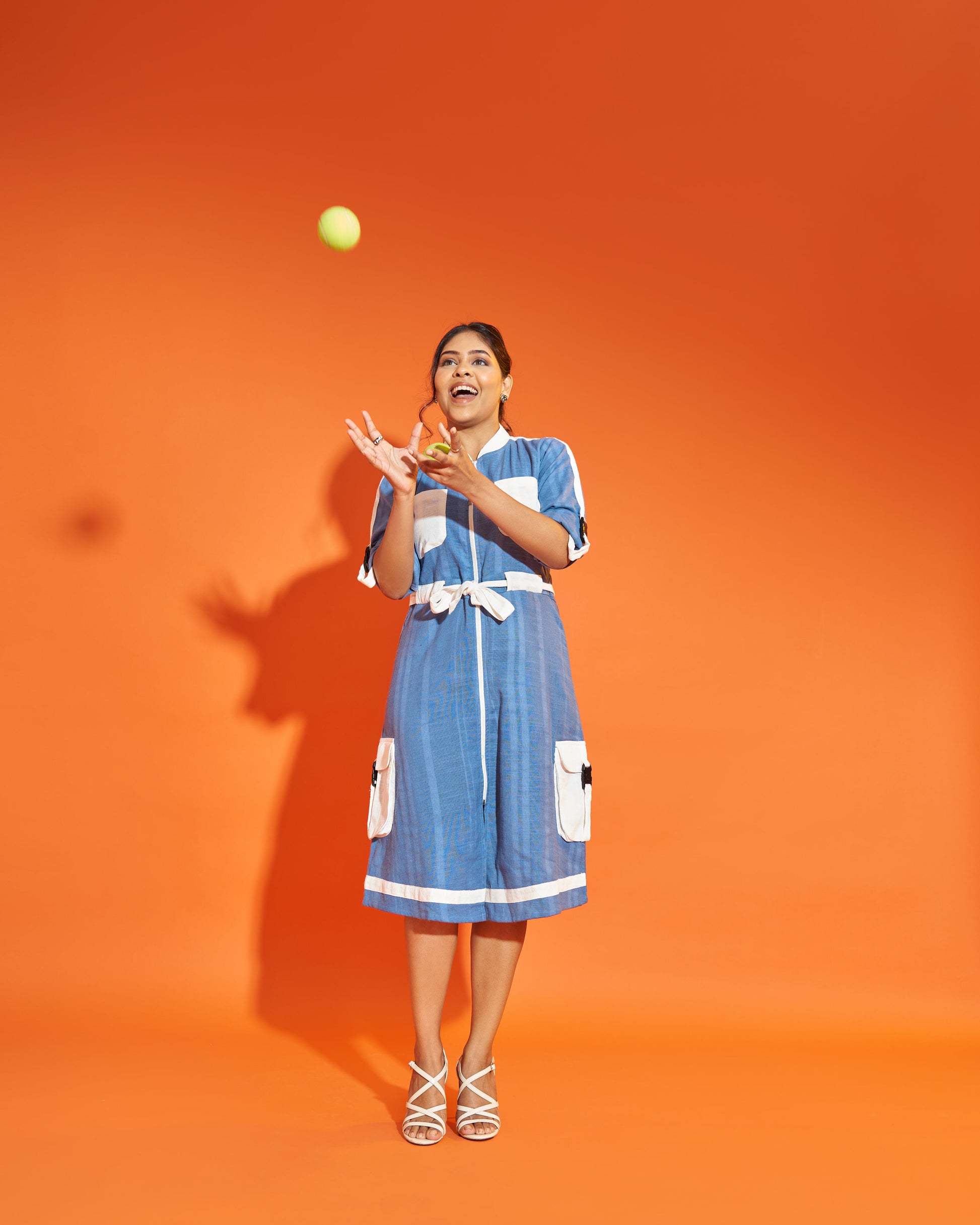 True Blue Hemp Cargo Dress Rolled Sleeves Front