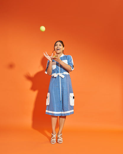 True Blue Hemp Cargo Dress Rolled Sleeves Front