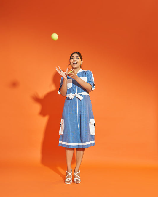 True Blue Hemp Cargo Dress Rolled Sleeves Front