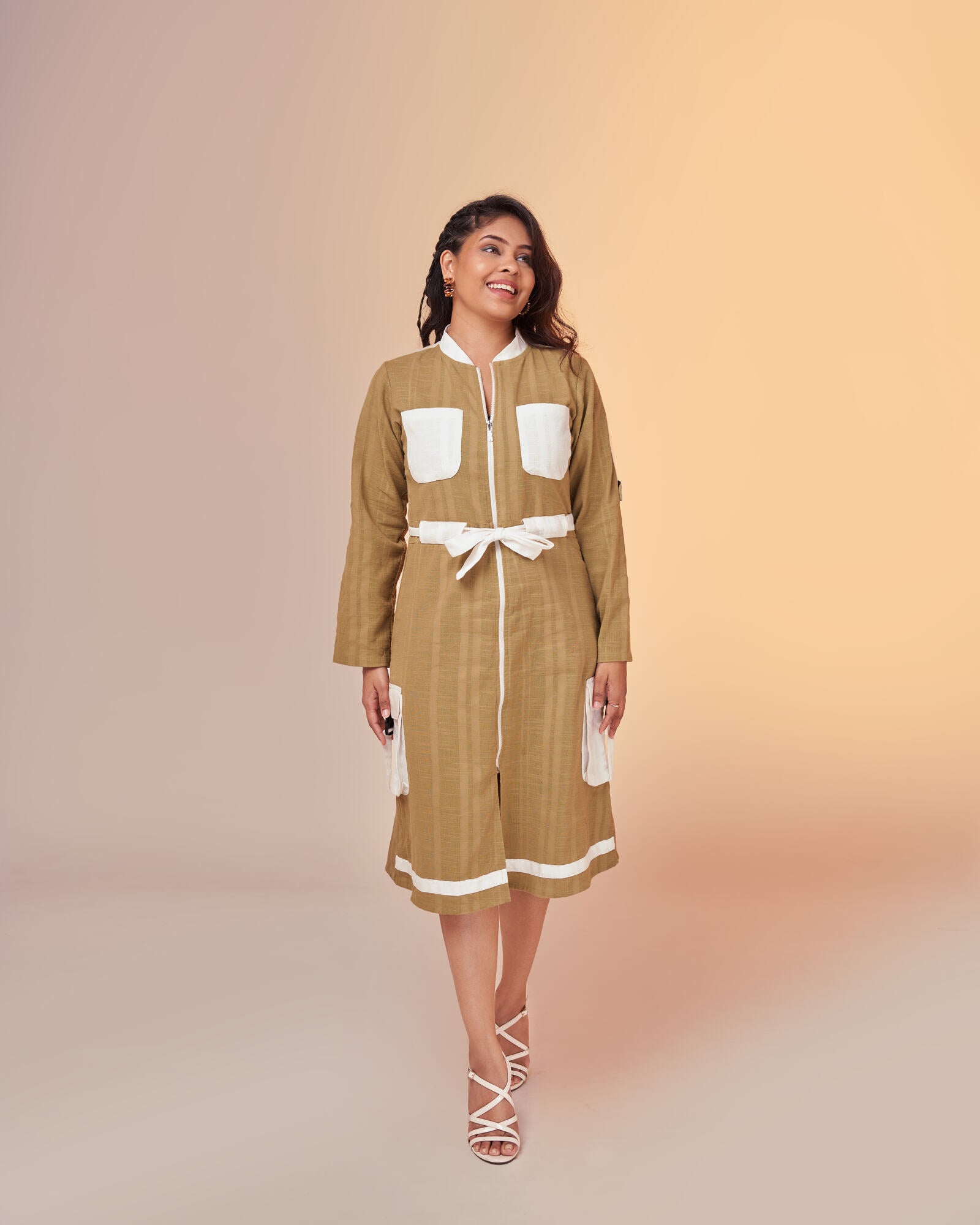 Earthy Green Hemp Cargo Dress Full Sleeves Front
