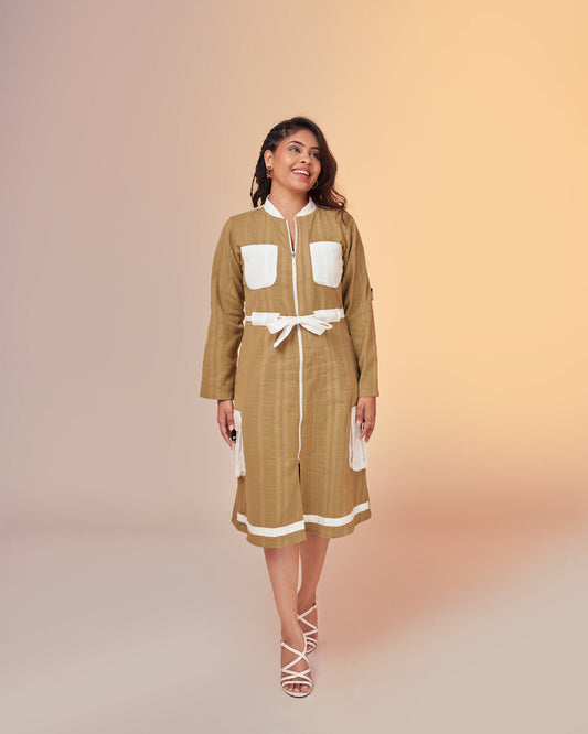 Earthy Green Hemp Cargo Dress Full Sleeves Front