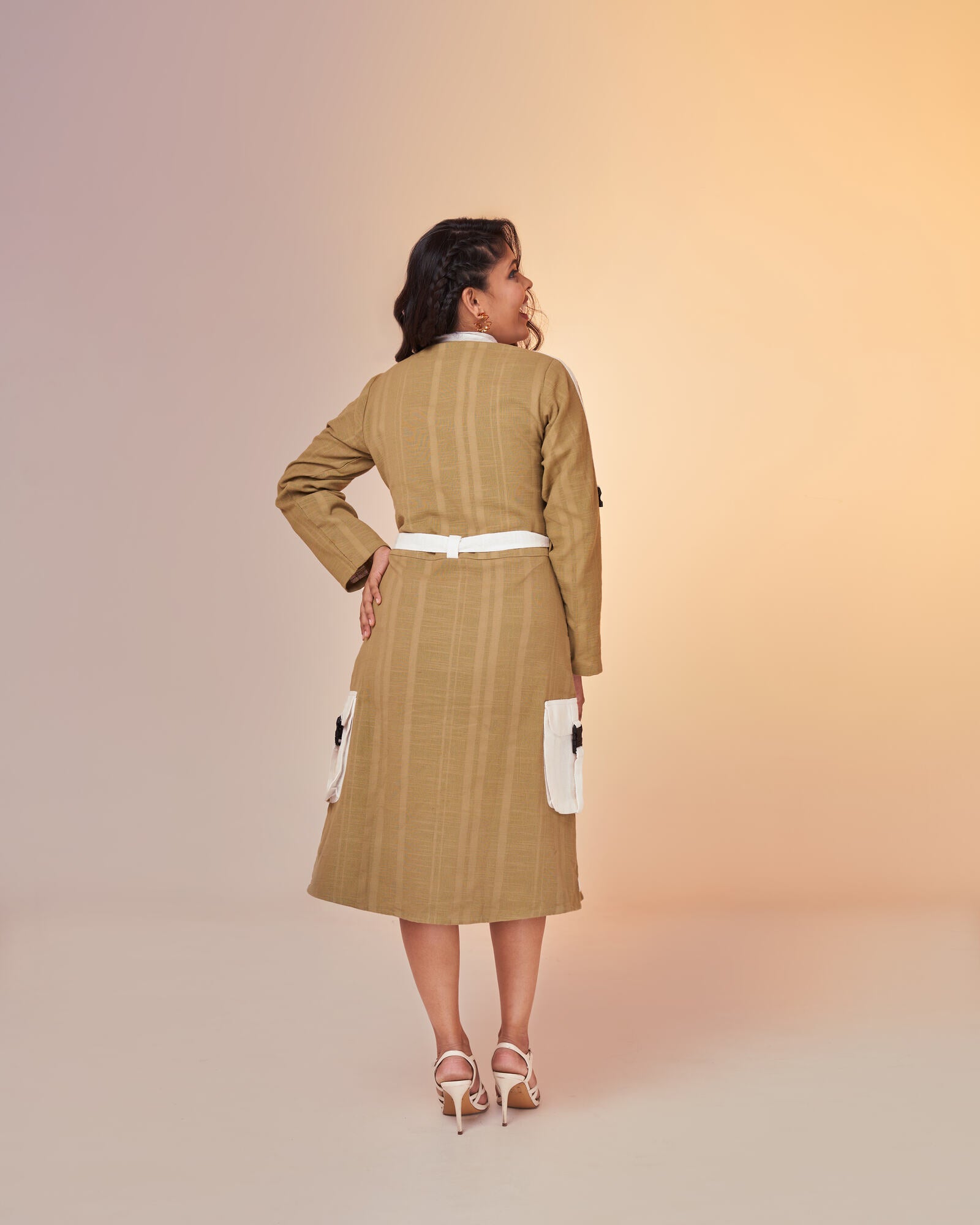 Earthy Green Hemp Cargo Dress Full Sleeves Back