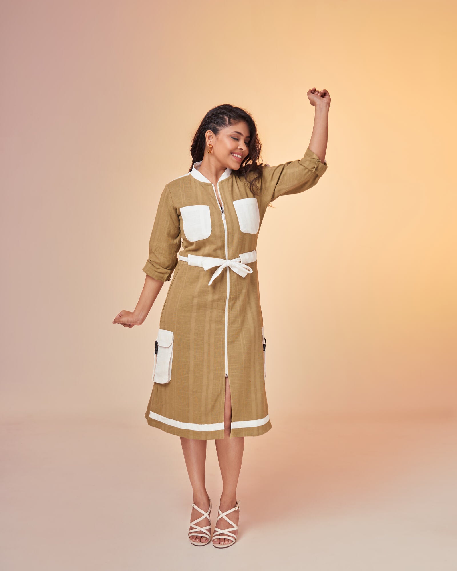 Earthy Green Hemp Cargo Dress Rolled Sleeves Front 