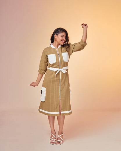 Earthy Green Hemp Cargo Dress Rolled Sleeves Front 