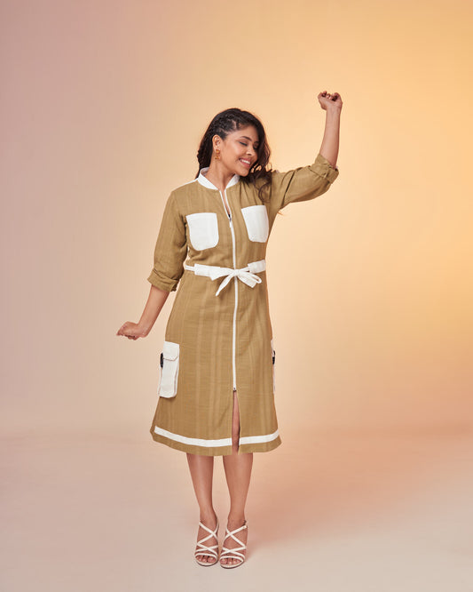 Earthy Green Hemp Cargo Dress Rolled Sleeves Front 
