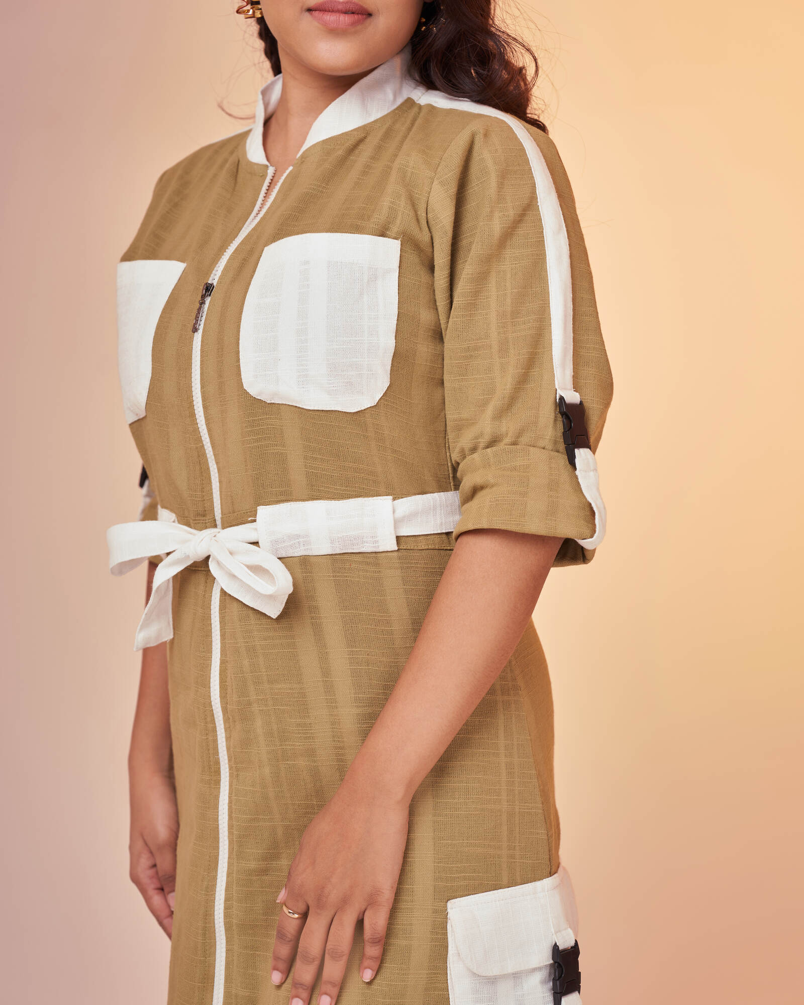 Earthy Green Hemp Cargo Dress Rolled Sleeves Front Close up